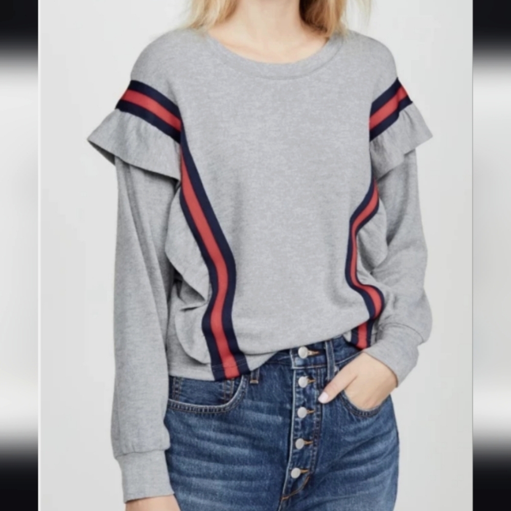 Gray Ruffle Sweatshirt with Red and Blue Stripes